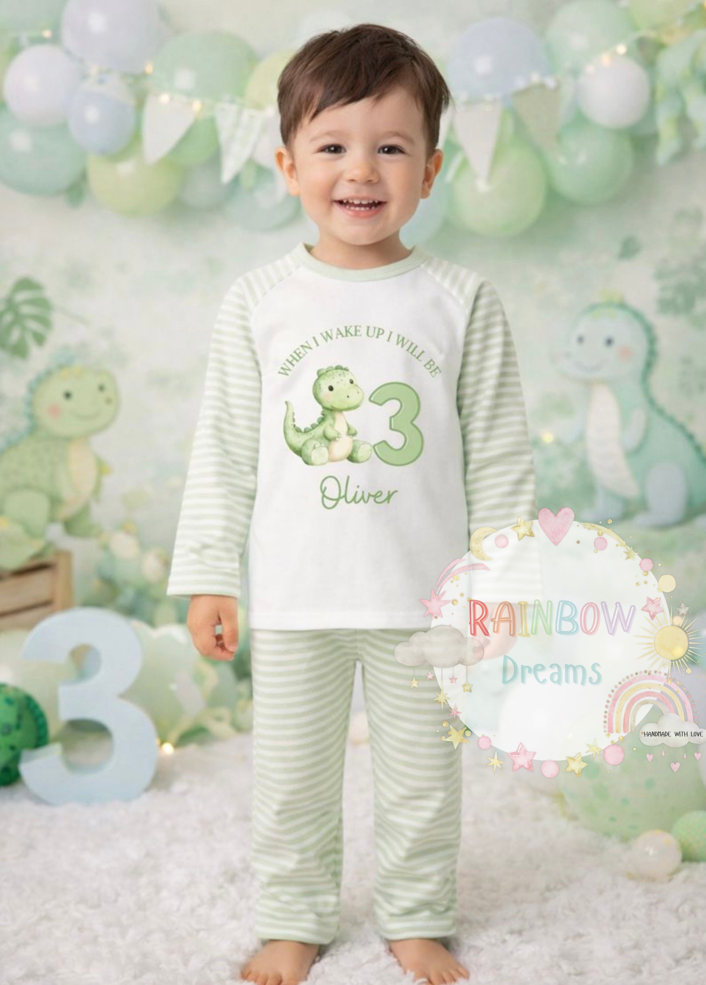 Birthday Pyjamas - Sage green dinosaurs